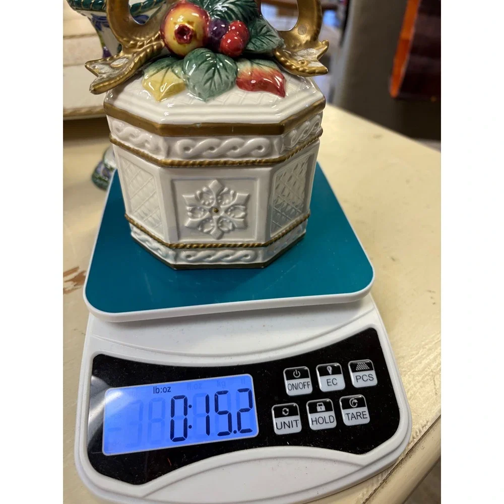 Fitz and Floyd Classics Christmas Fruit Bow Octagon Lidded Canister Gold Trim